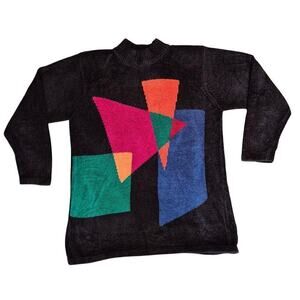 VTG Super 80s Richard & Co Black Acrylic Sweater w/ Color Block  Sz L